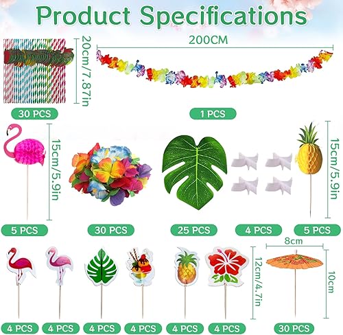 156 Pcs Hawaïenne Luau Table Jupe Set de Décoration,Feuilles de Palmier,Fleurs hawaïennes Guirlandes de Luau Bannières,Pailles Papier de Fruits 3D pour Beach Summer et fête à thème hawaïenne - Nail Gallerys