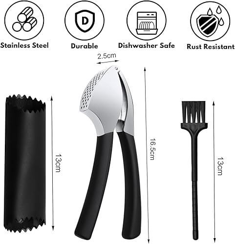 Ensemble Presse Ail 3 pièces Presse Ail inox Professionnel Presse ail Manuel avec éplucheur d'ail et Brosse de Nettoyage Extra solide et durable, facile à nettoyer, passe au lave-vaisselle - Nail Gallerys