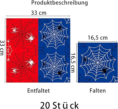 Ovanda Lot de 20 serviettes en papier motif toile d'araignée (33 x 33 cm), décorations de table, bleu et rouge, serviettes en papier d'araignée, pour fêtes sur le thème Spider Web - Nail Gallerys