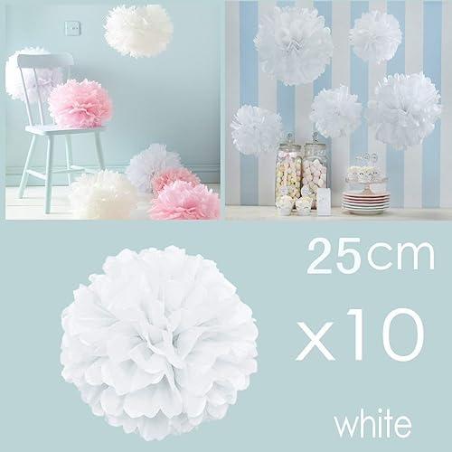 JZK 10pcs 25cm Blanc tissu papier pom poms pompons pom pon pon décorations accessoires pour mariage anniversaire baptême Communaute parties décoration suspendue de fête chambre filles - Nail Gallerys