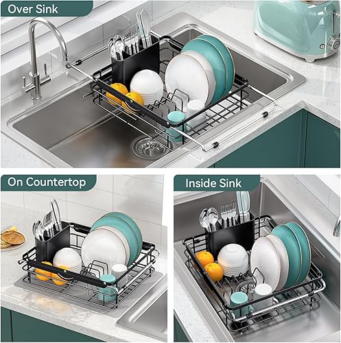 Egouttoir Vaisselle, Extensible Egoutoire Vaisselle Cuisine Dessus Evier, Égouttoir à Vaisselle dans L'évier Avec Support d'ustensiles,Petit Egouttoir Vaisselle pour Comptoir de cuisine, Noir - Nail Gallerys