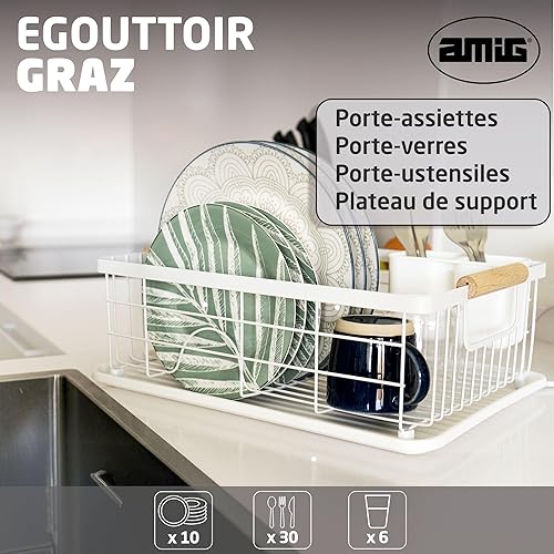 Amig - Égouttoir Graz | 42 x 31,5 x 15 cm | Acier avec Poignée en Bois | Couleur Blanc | Égouttoir avec Plateau d'Égouttage et Support pour Couverts | Capacité pour 10 Assiettes et 6 Verres - Nail Gallerys