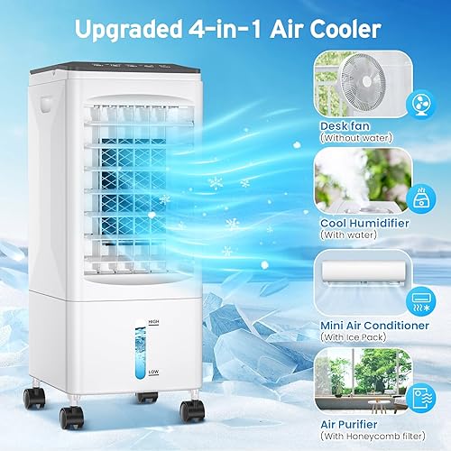 Climatiseur Mobile Silencieux 5.5L, 4 en 1 Refroidisseur d'air Portable avec Humidificateur, Ventilateur, Sans évacuation, 3 Vitesses, 7H Minuteries, 60°Oscillation pour Chambre, Cuisine, Bureau - Nail Gallerys