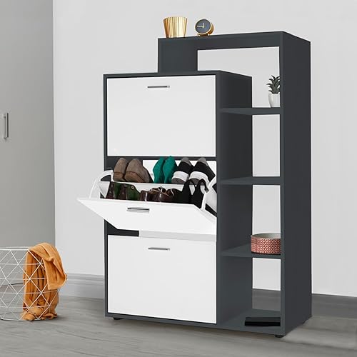 IDMarket - Meuble à chaussures 18 paires KLARK gris 3 portes blanches avec étagère - Nail Gallerys
