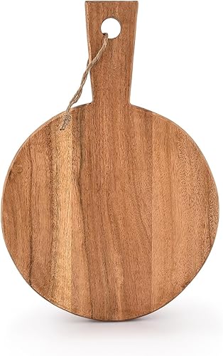 Samhita Planche à découper ronde en bois d'acacia avec poignée pour hacher et servir de la charcuterie, du fromage, de la pizza, du pain - Décoration murale (33,02 cm x 22,86 cm x 1,09 cm) - Nail Gallerys