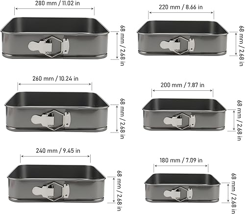 MOUYAT Lot de 6 moules à gâteau carrés à charnière avec fond amovible, moule à gâteau en métal anti-adhésif pour gâteaux et cheesecake, 18/20/22/24/26/28 cm - Nail Gallerys