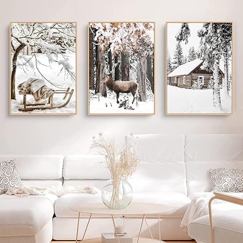 TROYSINC Lot de 3 posters de qualité supérieure - Images d'hiver, élan, maison en bois, forêt - Art mural sur toile - Impression moderne - Décoration murale pour le salon - Sans cadre - A, 30 x 40 cm - Nail Gallerys