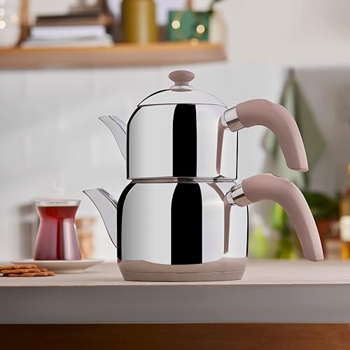 Karaca Edge Mini Théière à Induction Rose - 1 L + Couvercle 1,5 L - Volume Total 2,5 L - Théière Turque Caydanlik Demlik - Nail Gallerys