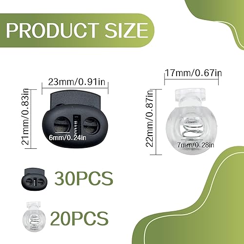 Lot de 50 bloqueurs de cordon en plastique à 2 trous, à un trou, pour cordons, vestes, cordons en caoutchouc, lacets, sac à dos, noir transparent - Nail Gallerys