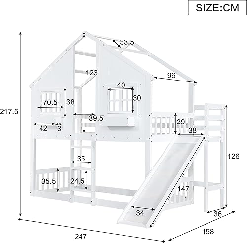 YESGIGA Lit superposé avec toboggan, toit et fenêtre, avec barrière anti-chute, échelle à trois niveaux - Nail Gallerys