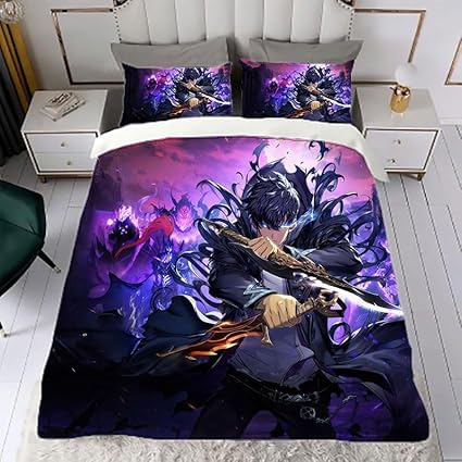 Anime Solo Leveling Parure de lit pour enfant, 135 x 200 cm et 2 taies d'oreiller, en microfibre respirante, décoration de chambre à coucher (article de fan) - Nail Gallerys