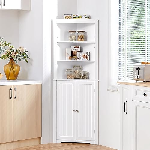 Abician Meuble Colonne de Salle de Bain Rangement Triangulaire, Armoire Haute Blachche avec 3 Étagères Ouvertes Réglables et 1 Placard pour Toilette/Salon/Chambre/Cuisine 60 x 31,5 x 163 cm - Nail Gallerys