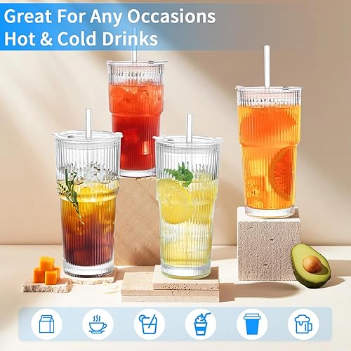 Yoxovo Lot de 2 Verre avec Paille, 600ml Verre Matcha,Verre avec Couvercle et Paille,Tasse à Jus, Verre Smoothie, Tasses en Verre à Café Glacé, Verre à Bière Qualité Supérieure,pour Famille,Fête - Nail Gallerys