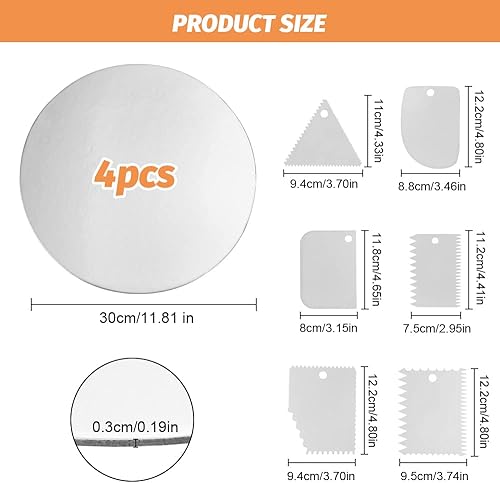 RECHCIGA Lot de 4 planches à gâteau rondes argentées de 30 cm de diamètre - Réutilisables - Pour transporter des gâteaux et des gâteaux - Avec 3 grattoirs à gâteau - Nail Gallerys