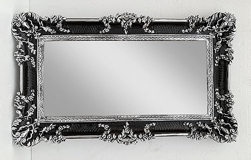 Miroir mural, style baroque, antique, noir, argenté, 97 x 57 cm, rectangulaire, pour coiffeur, décoration murale, fabriqué en Italie - Nail Gallerys