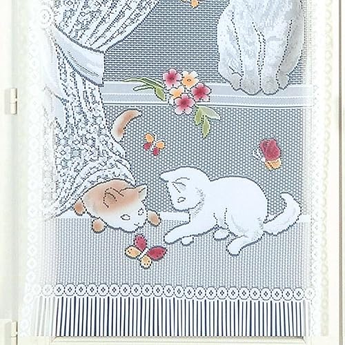 HOME MAISON - Paire de Petits voilages Dentelle Chatons et Franges Polyester Bleu 60x120 cm - Nail Gallerys