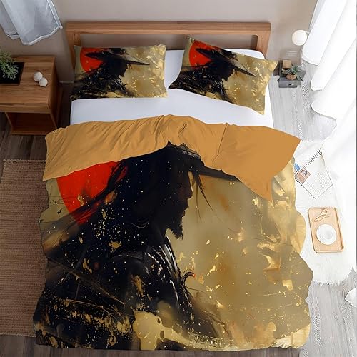 Housse de Couette 200x220 Style Japonais avec 2 Taies d'oreiller 80x80 cm Parure de Lit 2 Personnes Imprimée Guerrier Soleil, Linge de Lit Microfibre Douce avec Fermeture Éclair A#22 - Nail Gallerys