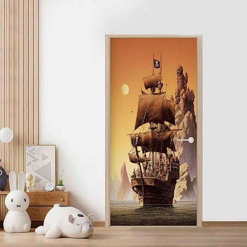 Sticker Porte Bateau Pirate, Sticker Mural Porte 73x205 cm Voilier Nautique Pleine Lune Montagne, pour Salon Chambre Décoration De La Maison Muraux Imperméable Stickers Amovibles - Nail Gallerys