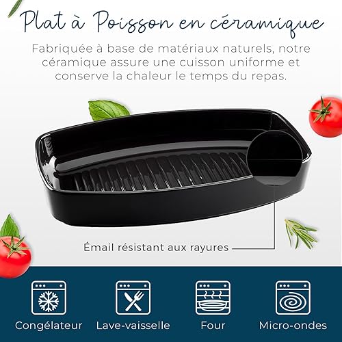 ESPRIT DE CUISINE - Plat À Four Poisson En Céramique - Cuisson Homogène - Émail Résistant Aux Rayures - Facile À Nettoyer - Made in France - 4,2L - 40x25x6,5cm Extérieur - Fusain Mat Noir - Nail Gallerys