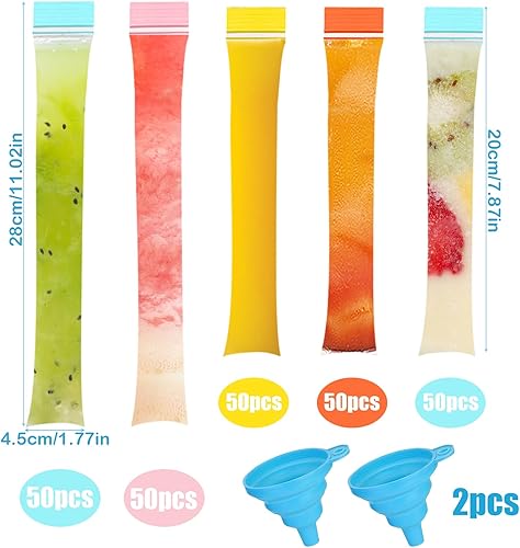 SJUNJIE 250 Pièces Sacs Popsicle Moule à Glace Colorées Grands et Petits Sachet Glace à L'eau avec 2 Entonnoir DIY Popsicle Pochettes pour Yaourt Smoothies Bonbons Glaces Party Favors - Nail Gallerys