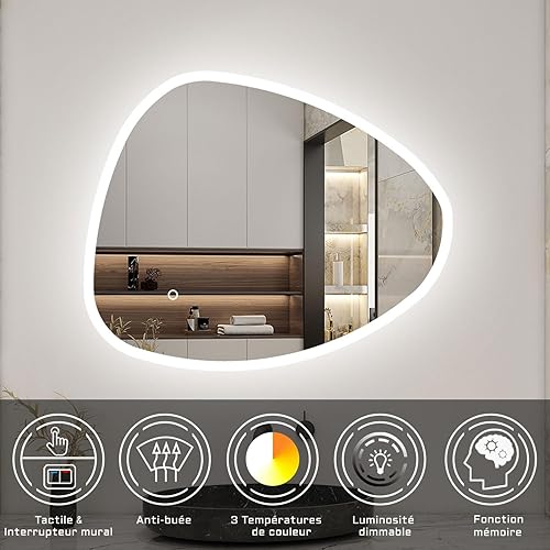 AICA Miroir Salle de Bain 80x65cm, Miroir Lumineux avec 3 Couleurs + Dimmable + Anti-buée,Miroir Mural Interrupteur Tactile Étanche - Nail Gallerys