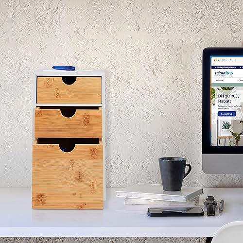 Relaxdays Organiseur à Compartiments, Bambou & MDF, HxLxP: 28x17x21,5 cm, 3 tiroirs, Accessoire Bureau, Nature - Blanc - Nail Gallerys