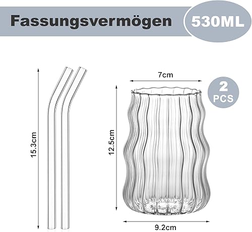 DENUOTOP Fancy - Lot de 2 verres à eau avec paille - 530 ml - Pour café glacé, latte macchiato, matcha, mojito, passe au lave-vaisselle - Nail Gallerys