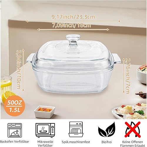 Oungy Plat à gratin rectangulaire en verre avec couvercle, 1,5 l, avec couvercle et poignées, pour 2 personnes, passe au micro-ondes, au four - Nail Gallerys