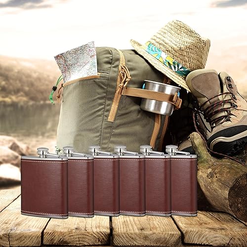Relaxdays Petite flasque en Acier Inoxydable, Lot de 6, 200 ML, Similicuir, pour Vos Excursions, Marron et argenté - Nail Gallerys