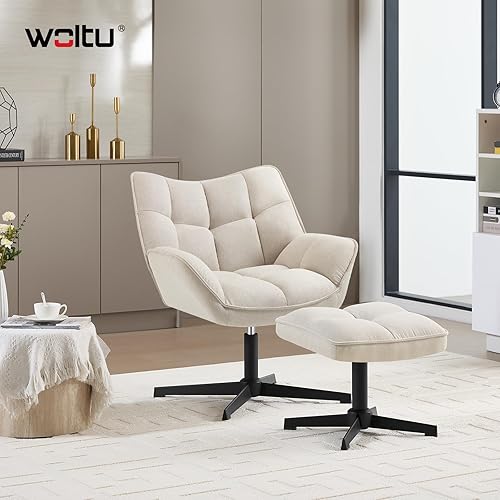 WOLTU Fauteuil Salon avec Repose-Pieds, Chaise Pivotante, Assise Rembourrée et Large, Fauteuil Relax pour Chambre et Salon, Cadre en Métal, Tissu en Lin, Beige, SKS56be - Nail Gallerys