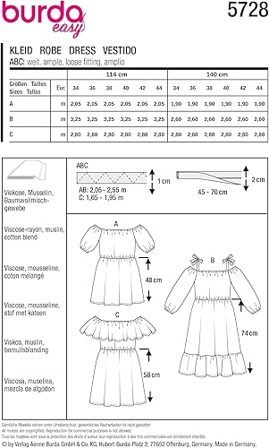 burda easy Patron de couture pour femme #5728 Robes Mini robe avec élastique, robe midi avec bretelles à nouer et robe sans manches à volants Taille 34-44 - Nail Gallerys