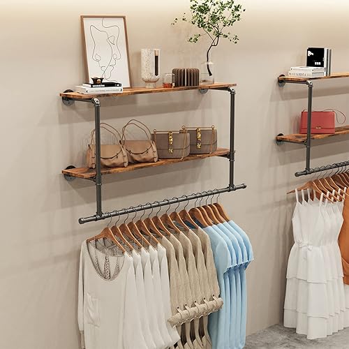 unho Penderie Vêtement avec Étagères: Portant Vêtement Mural Tringle à Vêtement Suspendue Porte Manteau Mural Design en Pierre Frittée - 116x19.2x67.5cm Doré - Nail Gallerys