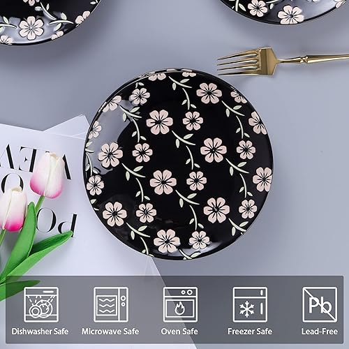 fanquare Lot de 6 Assiettes à Dessert en Fleurs de Cerisier Japonaises de 20cm, Ensemble de Assiettes en Porcelaine Noire, Assiette à Pâtes à Salade - Nail Gallerys