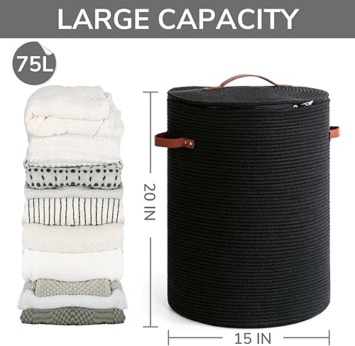 CHICVITA Grand panier à linge avec couvercle, panier à linge pour chambre à coucher, panier à linge pour vêtements, couvertures, jouets, panier décoratif tissé pour salon, 38,1 x 50,8 cm, noir - Nail Gallerys