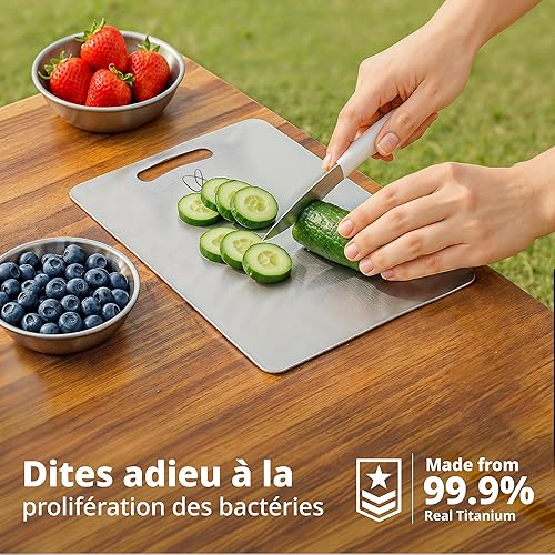 Planche à Découper en Titane, Ti8722, Double Face en Titane pur de Qualité Alimentaire pour Viande, Fruits et Légumes, Lavable au Lave-Vaisselle, Idéale pour La Cuisine et L'extérieur (35.8x25.3) - Nail Gallerys
