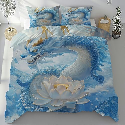 Cendppdj Dragon Lotus Réaliste Housse De Couette 200x200, Style Chinois Ethnique Classique Parure De Lit 2 Personn Microfibre, Parure De Lit avec Fermeture Éclair Et 2 Taies d'oreiller 65x65 - Nail Gallerys