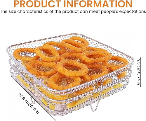 LEKEFETO Étagère friteuse à air empilable à 3 couches : 21 x 21 x 9 cm Étagère en acier inoxydable 304 carré avec 4 pieds en silicone 1 pince à épiler Accessoires de four pour four, four à rôtir - Nail Gallerys