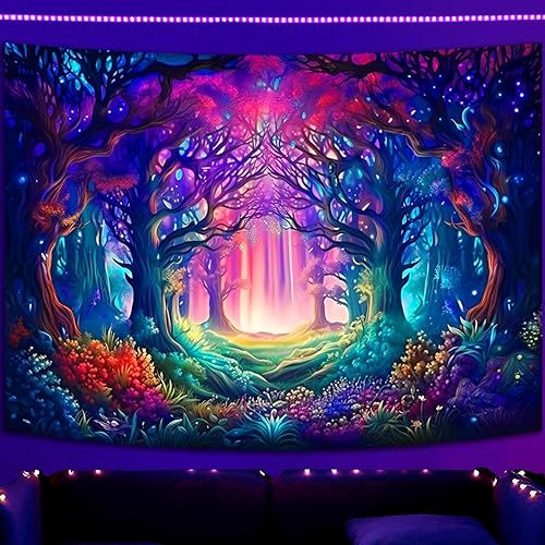 Simpkeely Tapisserie Forêt Fantastique à Lumière Noire, Arbre Magique Naturel Lumineux Réactif aux UV, Tenture Murale pour Chambre et Salon – 180 x 230 cm - Nail Gallerys
