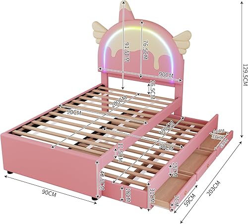 Dolamaní Lit capitonné, 90 x 200 cm, avec tiroirs, cadre de lit simple avec lit gigogne extensible, pour enfant en forme de licorne, avec sommier à lattes (sans matelas), polyuréthane, rose (rose, 90 - Nail Gallerys
