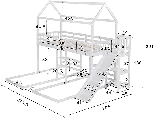 Seyakany Lit Superposé 3 Places avec Toboggan et étagère Ouverte, lit Cabane Enfant avec Toit et Trois Escaliers, Conçu avec Trois Positions de lit, Cadre en pin, Blanc, 90x200cm - Nail Gallerys