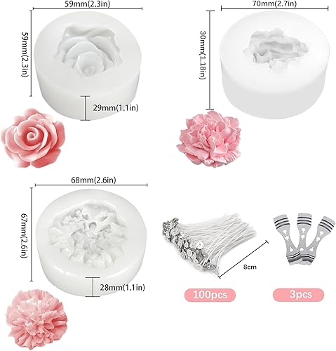 3 Pièces Moule Silicone Fleur,Moule Silicone Bougie Moules en Silicone en Forme de Fleur 3D pivoine d'oeillet de rose pour Fabrication de Savon avec noyau cire 100x8cm+3 supports - Nail Gallerys