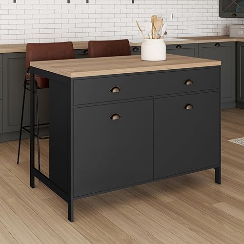 IDMarket - Ilot central 120 cm campagne ISIS plateau bois façon hêtre et noir - Nail Gallerys