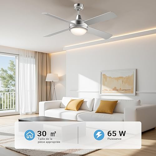 WilTec Ventilateur de Plafond Silencieux 65 W, 4 pales, Ø 130 cm, Max. 30 m², plafonnier intégré, brasseur d’air avec Lampe Lustre luminaire - Nail Gallerys