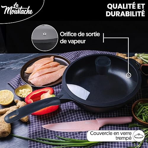 La Moustache - Poêle à Frire Fonte d'Aluminium Antiadhésives 24 cm, Couvercle en Verre, sans PFOA | Fonctionne sur Halogène, Gaz, Electricité, Induction et Vitrocéramique (Klyve) - Nail Gallerys