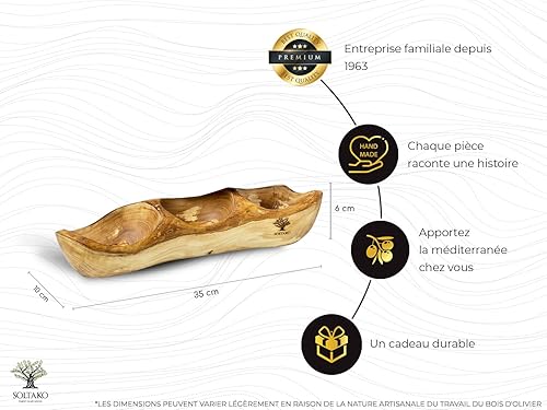 SOLTAKO Assiette Apéritif en Bois d’Olivier - Plateau Apéro à 3 Compartiments - Plat de Service - Bol en Bois Brut pour Fromages, Sauces, Charcuterie, Noix - Bol à Snack - env. 34x10cm - Nail Gallerys