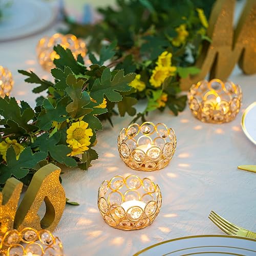 Sziqiqi Bougeoir de Cristal Lot de 6, Chandelier Supports pour Bougies Chauffe-Plat pour Table Deco Noel Mariage Fête Banquet Anniversaire Décor, 8cm, Bordure en Or Métal - Nail Gallerys