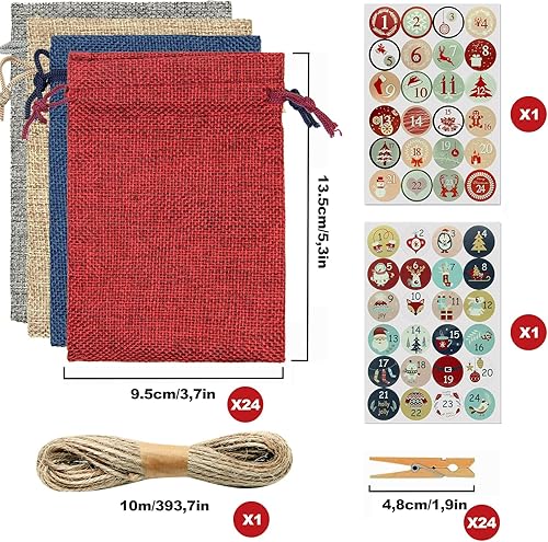 AOKITO Calendrier de L'avent à Remplir 24 Pièces Calendrier de Noël à Remplir, avec 10m de Ficelle et 48 Autocollants Chiffres de L'avent, Sacs en Tissu DIY Calendrier de Noël Sacs (4 Couleurs) - Nail Gallerys