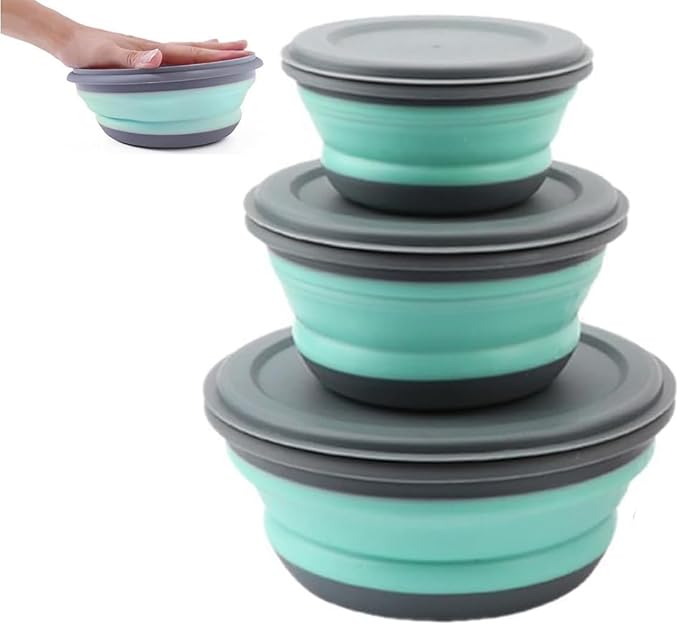 UQMIQURA Bols Pliables en Silicone Portable, 3 Pcs Pliable Camping Boîtes de Conservation Rondes Boîte de Conservation Pour le Camping, La Randonnée, La Cuisine - Vert - Nail Gallerys