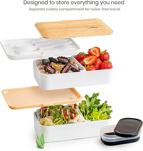 Atthys - Lunch Box Blanc + Sac Isotherme | Bento Japonais Design 3 Couverts | Bento Box Bambou 2 Compartiments Hermétiques 1200 ML | Micro-Ondes Lave-Vaisselle | Boîte Déjeuner Bois - Nail Gallerys