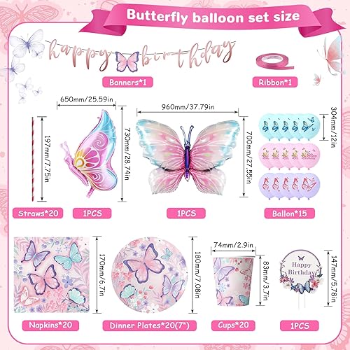 LPZMPZ Decoration Anniversaire 100 Pièces Vaisselle de Fête Papillon Avec Ballons, Tasses, Serviettes, Pailles, Bannières Décoration, Cake topper, Convient Pourvaisselle de Papillon pour 20 Invités - Nail Gallerys